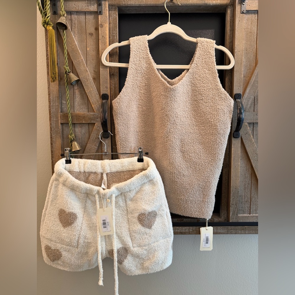 Cozy Sherpa Tank and Heart Pocket Shorts Set - Cream/Taupe SO SOFT!